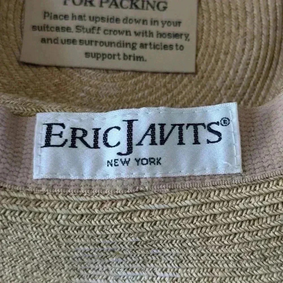 ERIC JAVITS Hampton Sun Hat Squishee Straw Packable Wide Brim Natural Gold Blue - Picture 7 of 12